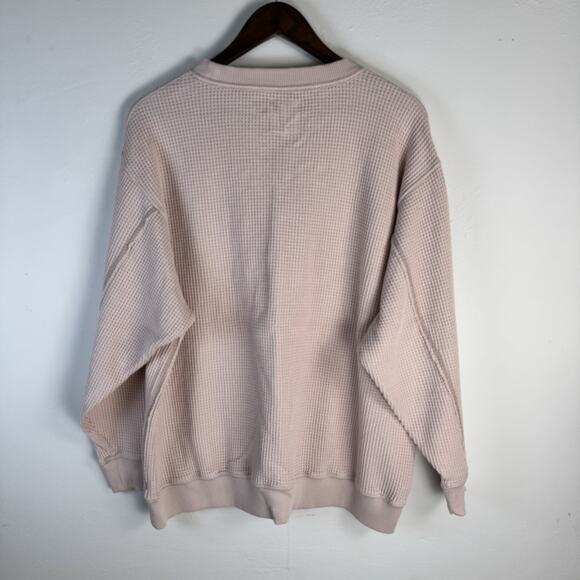 AERIE Waffle Knit CrewNeck Sweatshirt Pink Blush Large Cozy Textured Pullover - Picture 5 of 8